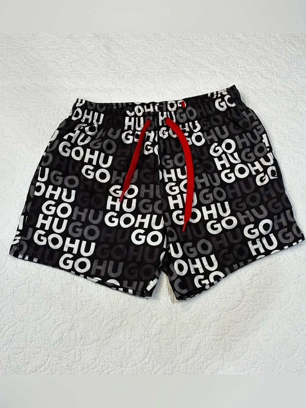 HUGO Boss Mens Swim Trunks Fame Allover Logo Print Board Shorts Black Red S